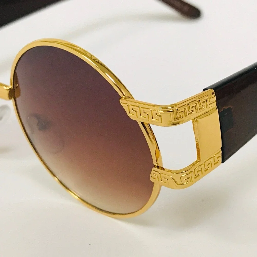 Round Sunglasses Gold Frame Brown Lens Greek Key Accents Men Hip Hop Street Wear